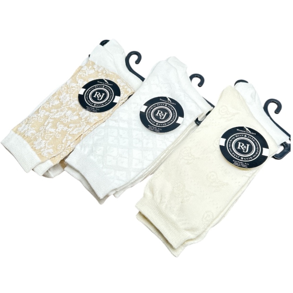 Vintage RJ Patterned Cream Beige Socks 3 Sets 6 Pairs Total Size 9-11 Women’s - Picture 2 of 7